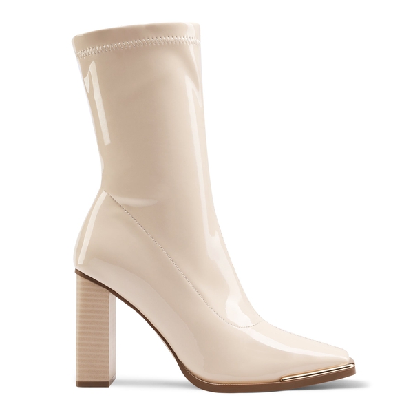 Chunky Square Toe Mid Calf Boots - BEIGE WHITE PU - 2